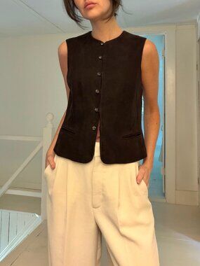 Jones New York Vintage 90s Suede Leather Suit Vest Size 4P Brown